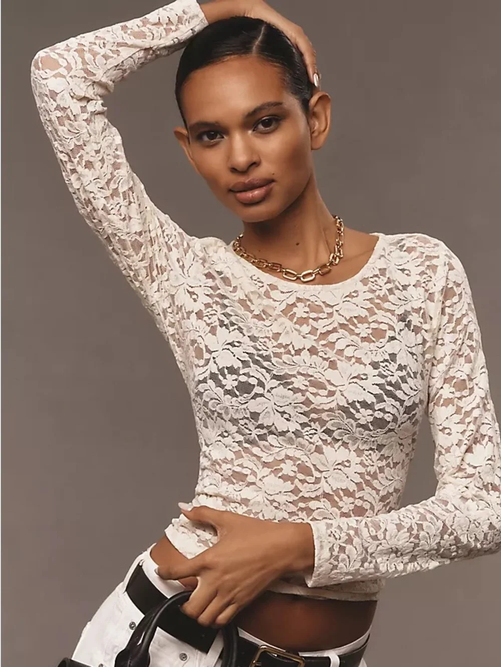 ANTHROPOLOGIE long sleeve lace crew neck top romantic almond milk cream size L